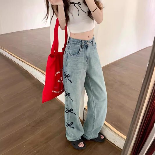 Ribbon Side Statement – Bow Detail Baggy Jeans Butterfly Embroidered Jeans Wide-leg Pants For Women