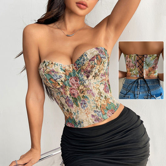 Elegant Floral Bustier Top | Strapless Corset Blouse for WomenY2K Floral Print Tube Vest Top With Back-tied Design INS Fashion Crop Corset Tank For Women Clothing