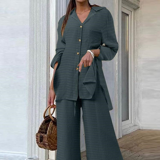 Chic Two-Piece Long Sleeve Shirt & Wide Leg Pants Set Fashion Pocket Set Women 2 Pieces Casual