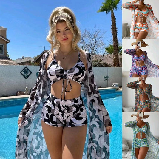Boho Breeze 3-Piece Beach Set – Crop Top, High-Waist Shorts & Flowy Cover-Up Bikini With Long Sleeve Cardigan Fashion Summer Beach Swimsuit Women