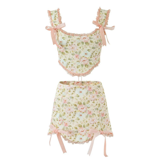 Sweet Printed Two-piece Women's Pure Lace Lace Lace-up Short Camisole Skirt