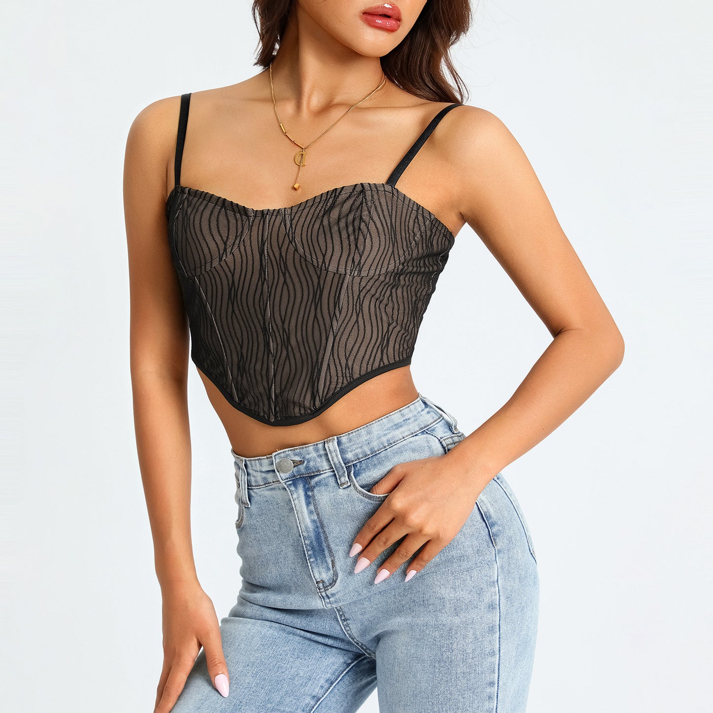 Trendy Ruched Mesh Bustier Crop Top with Boning Detail Hot Girl Top Camisole Women