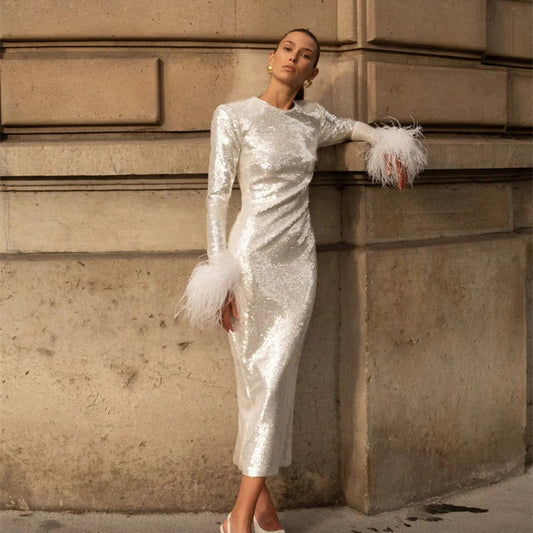 Fashion Temperament Crew Neck Casual Feather Long Sleeve Sequins Dress For Women's