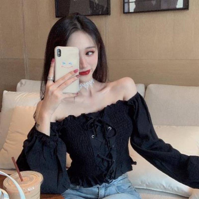 Elegant Off-Shoulder Shirred Crop Top | Long Sleeve Ruched Blouse Women's Short One Shoulder Chiffon Shirt Top