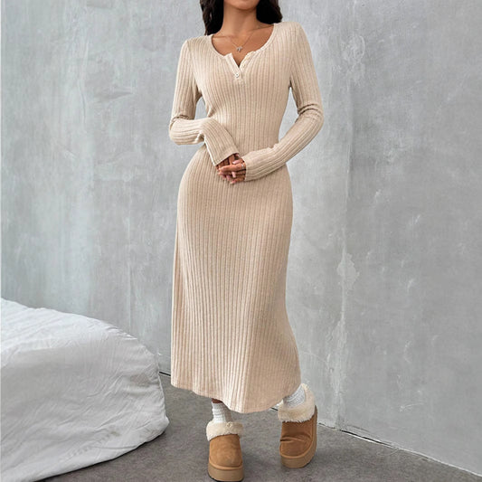 Slim V-neck Solid Color Sweater Bodycon Dress For Women's