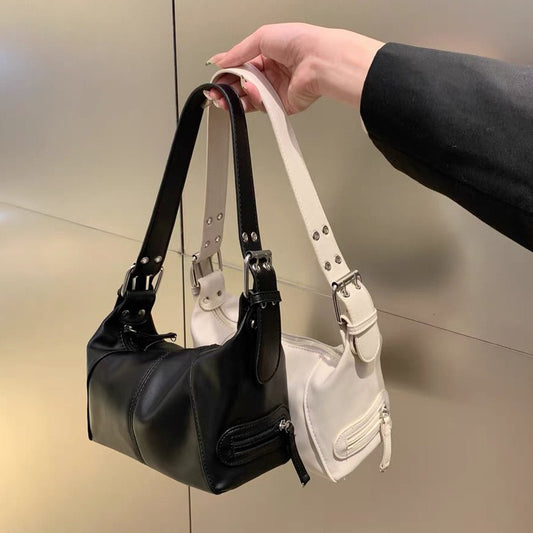 Trendy Buckle Shoulder Bag – Minimalist Retro Hobo Purse Leather Zip One Shoulder Portable Underarm Bag For Women's