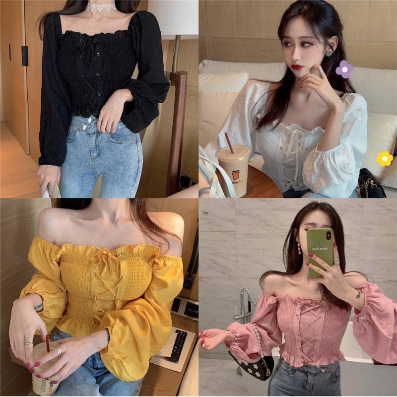 Elegant Off-Shoulder Shirred Crop Top | Long Sleeve Ruched Blouse Women's Short One Shoulder Chiffon Shirt Top