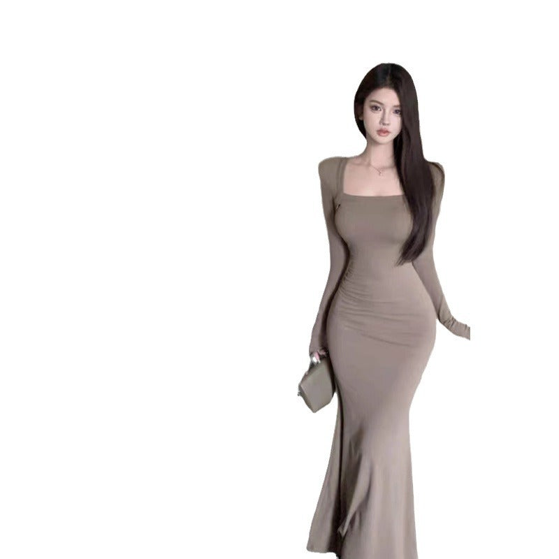 Skinny Slimming Hip Fishtail Square Collar Dress Women's