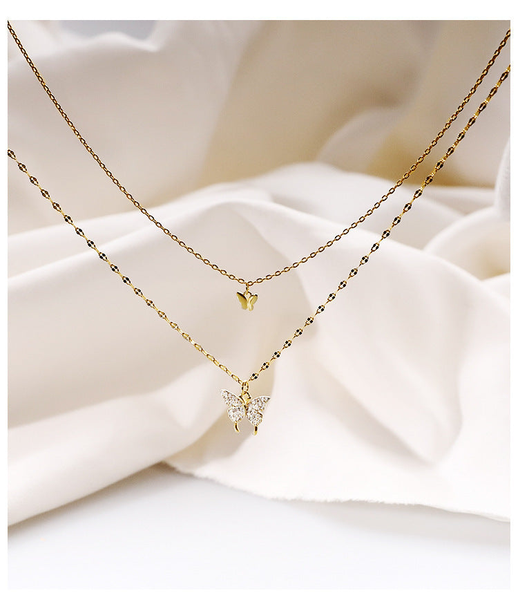 Sparkling Crystal Butterfly Double Chain Necklace Fashion Jewelry Double Butterfly Necklace Gold Plated Butterfly Pendant Engagement Necklaces For Women Animal Jewelry Anniversary Gift