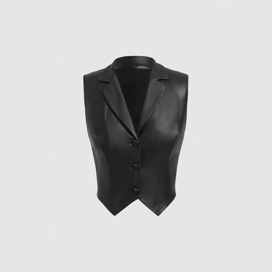 Leather Suit Collar Short Shipment Button Vest Top For Women's
