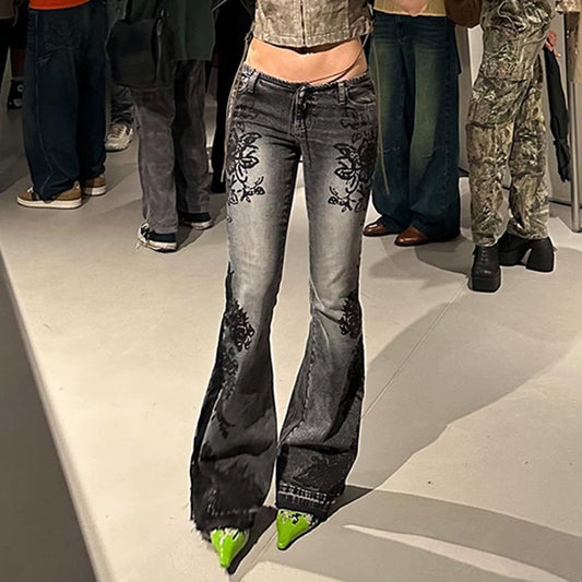High Waist Flared Jeans – Vintage Wash with Embroidered Detail Printed Worn Jeans Slimming Washed Women