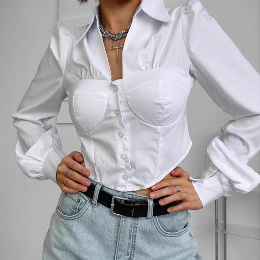 Elegant Lapel Puff Sleeve Shirt Short Top For Women's