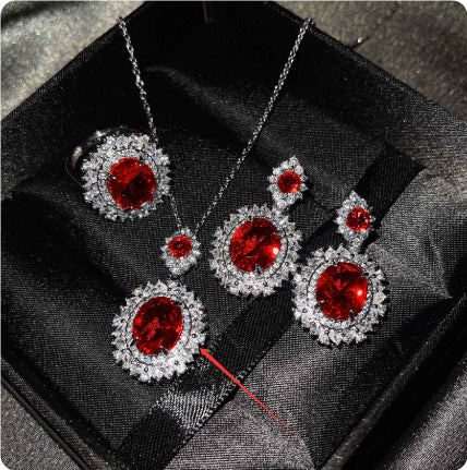 Elegant Evening Wear Set with Large Faceted Crystal & Sparkling Halo Luxury Premium Three-piece Inlaid Ring Bracelet