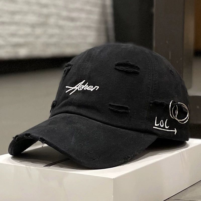 Korean Distressed "LOL" Embroidered Baseball Cap Ins Retro Tattered Jeans Soft Peaked Cap Women