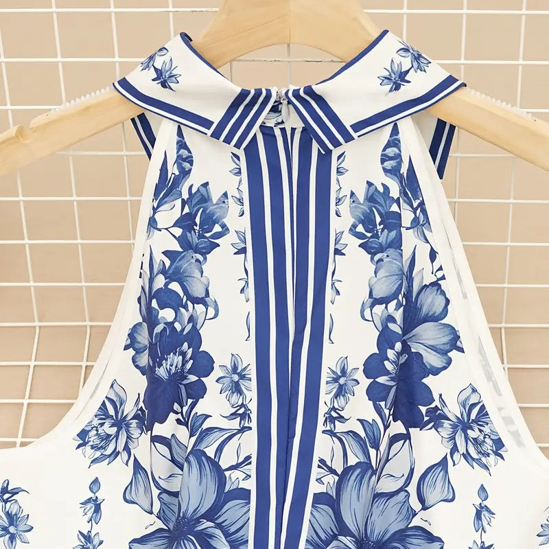 Floral Print Halter Neck Maxi Dress - Tie-Waist A-Line Summer Dress