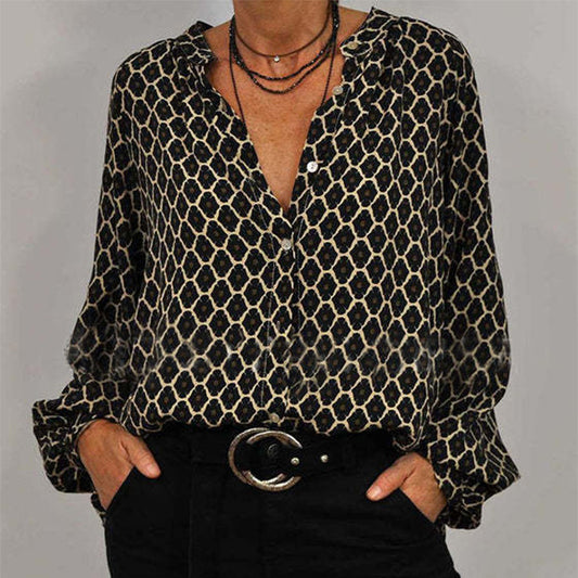 Stylish Loose Fit Blouse with All-Over Geometric Print Lozenge Print V-Neck Shirt Casual Loose Long Sleeve Top Women's Clothing