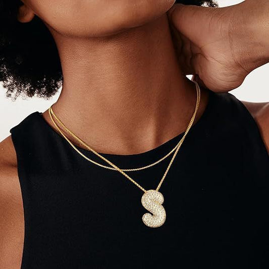 Custom Initial Necklace | Sparkle Alphabet Pendant Brass Zircon Balloon English Letter Necklace