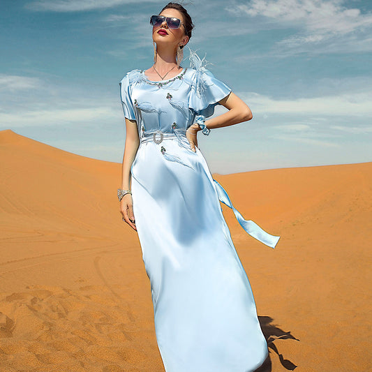 Elegant Light Blue Satin Maxi Dress with Floral Embellishments – Summer Collection Fashion Satin Ruffled Feather Dress