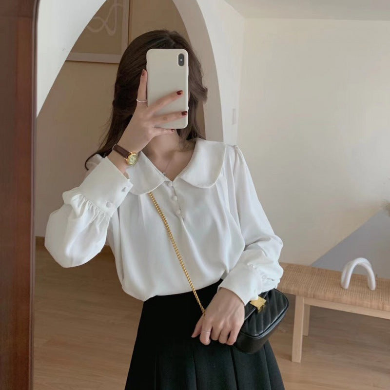 Peter Pan Collar Blouse – Vintage-Inspired Long Sleeve Button-Up Shirt for Women Doll Collar Chiffon Shirt Puff Sleeve Top