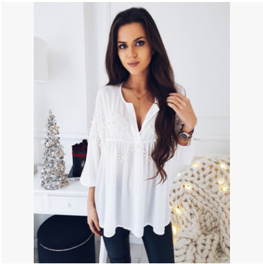Elegant White Pearl Embellished Long Sleeve Blouse – Chic & Classy White Chiffon Beaded Loose Casual  Collar Top