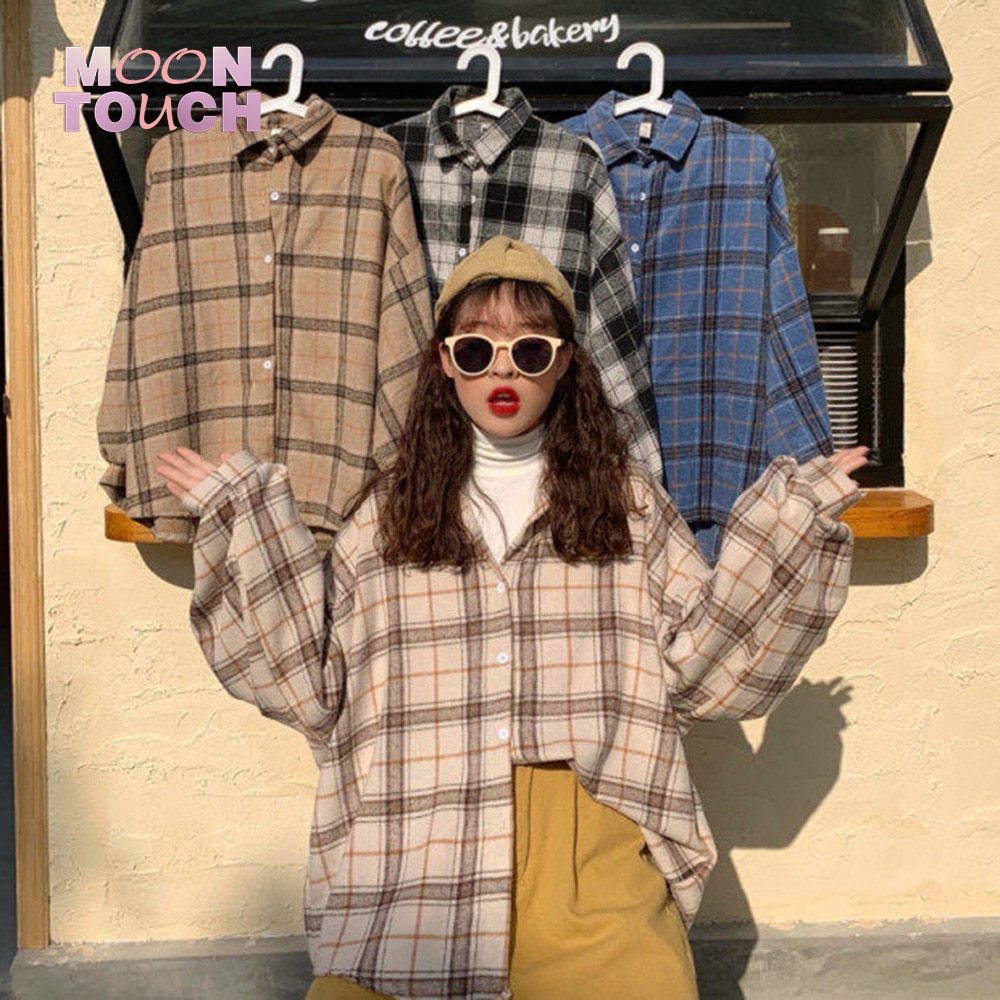 Cozy Plaid Oversized Shirt - Multi-Color Options Korean Style Loose Mid-Length Cardigan Top