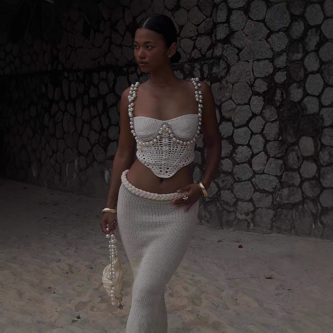 Sexy Solid Color Crop-top Spaghetti-strap Beading Top For Women's