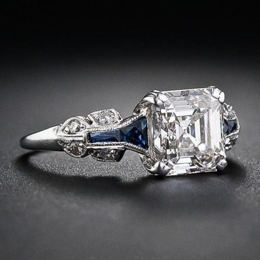 Exquisite Art Deco Asscher Cut Diamond & Sapphire Ring Women's European And American Silver Ring