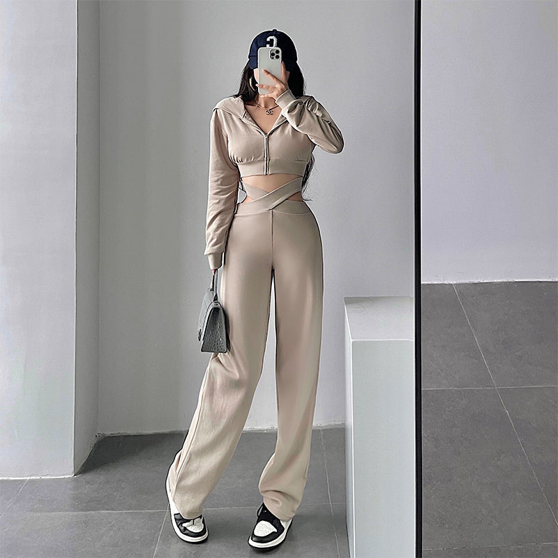 Chic Cropped Zip-Up Hoodie & Wide-Leg Sweatpants Set Trendy Hooded Long Sleeve Crop Crop Sweatshirt