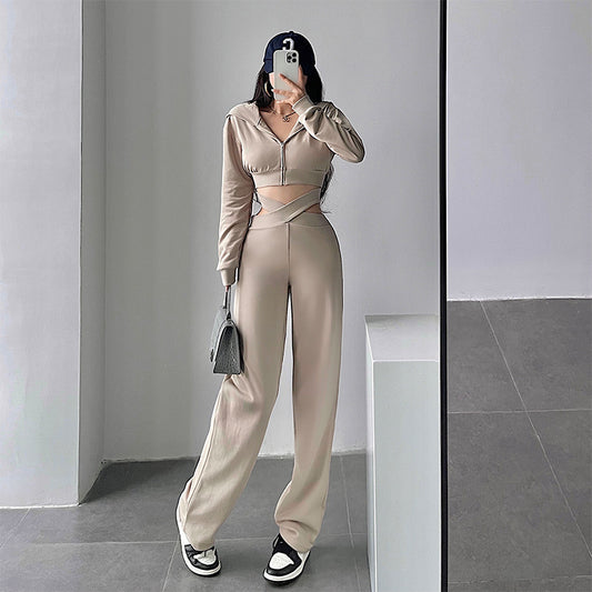 Chic Cropped Zip-Up Hoodie & Wide-Leg Sweatpants Set Trendy Hooded Long Sleeve Crop Crop Sweatshirt