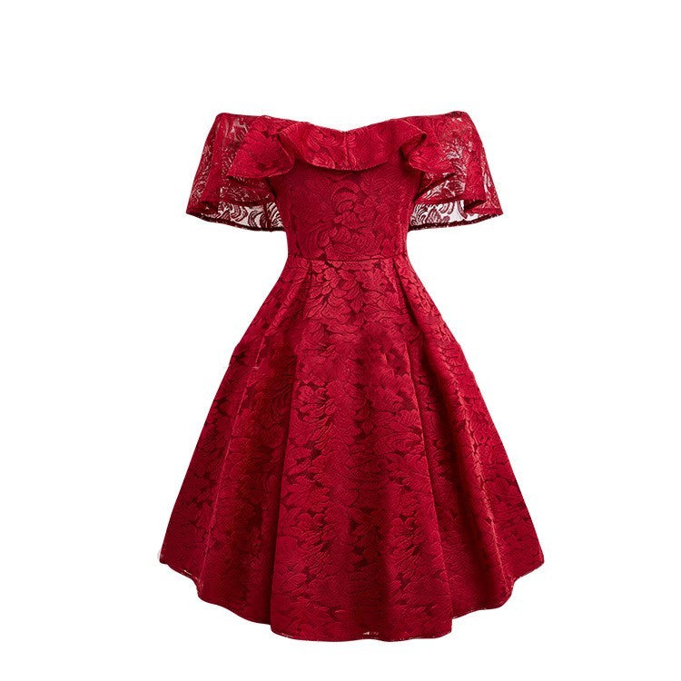 Romantic Lace Ruffle Sleeve Party Dress Strapless Retro Dress