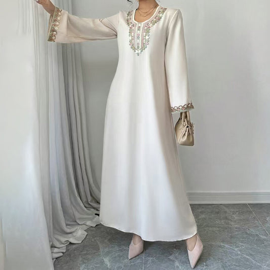 Middle Eastern Embroidered Maxi Dress - Round Neck Long Sleeve Flowy Kaftan With Exquisite Embroidery, Loose Fit