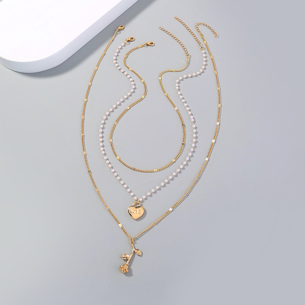 Boho Chic Layered Imitation Pearl & Chain Necklace Personality, creativity, love, roses, lovers, multi-layer necklaces, women