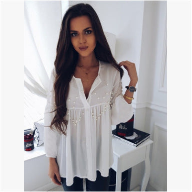 Elegant White Pearl Embellished Long Sleeve Blouse – Chic & Classy White Chiffon Beaded Loose Casual  Collar Top