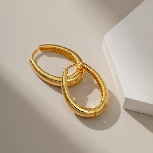 Classic Gold Plated Oval Hoop Earrings | Chunky & Minimalist Design 18K Real Gold Geometric Round Atmospheric Ear Buckles