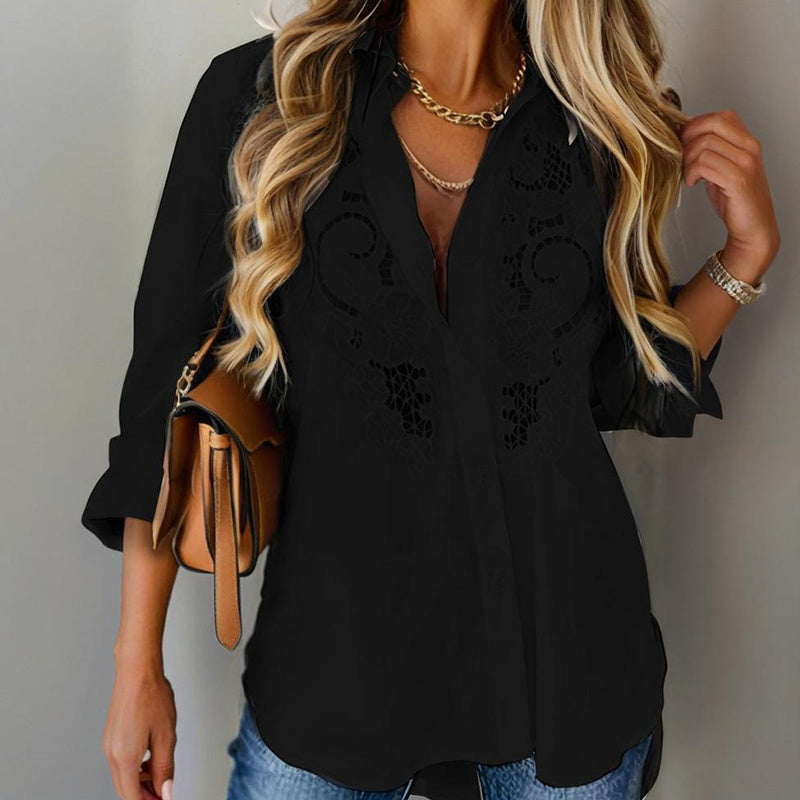 Contrast Lace Long Sleeve Tops Button Down Shirts Dressy Casual Blouses Fall Fashion Clothes