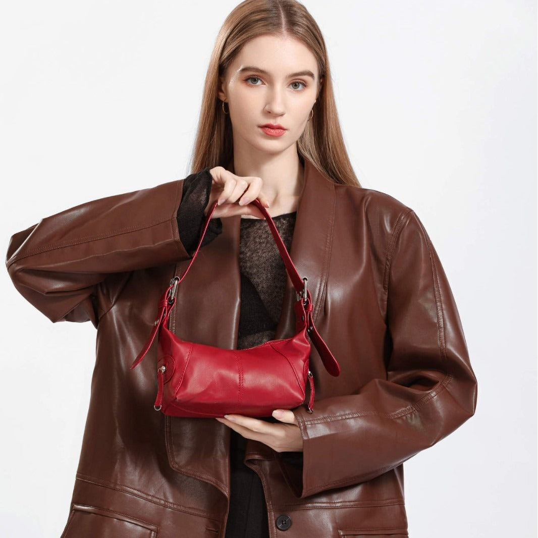 Trendy Buckle Shoulder Bag – Minimalist Retro Hobo Purse Leather Zip One Shoulder Portable Underarm Bag For Women's