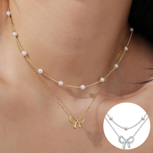 Layered Pearl & Bowknot Pendant Necklace Simple Pearl Double Layer Choker Fashion Gold Color Necklaces Chain Small Bow Pendant Necklace Jewelry Gifts For Women Fashion Jewelry Valentine's Day Gifts