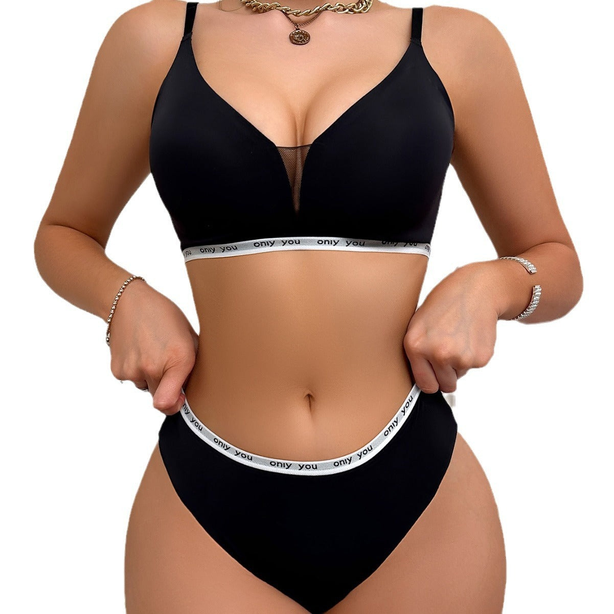 Comfy Black Bralette & Panty Set with Logo Band French Style Wireless Bra Set Women
