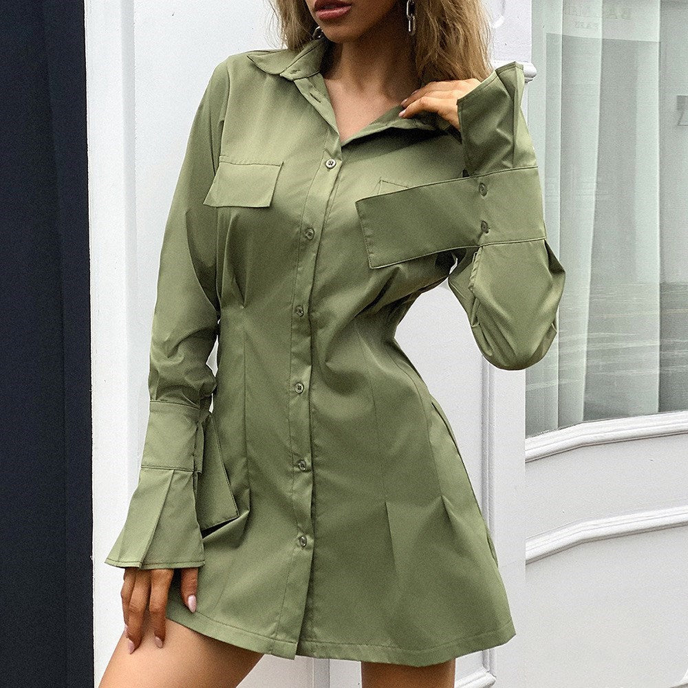 Long Sleeve Shirt Dress - Button Down Mini Dress with Pockets  Women Shirt Dress