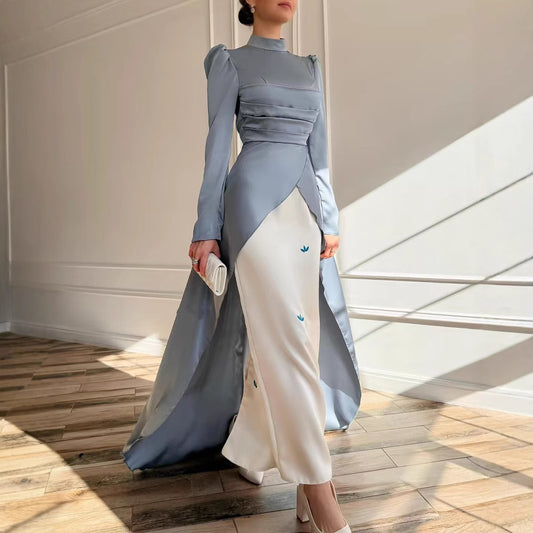 Pleated Stitching Contrast Color Long Sleeves Dress