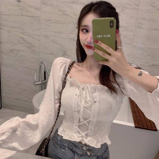 Elegant Off-Shoulder Shirred Crop Top | Long Sleeve Ruched Blouse Women's Short One Shoulder Chiffon Shirt Top