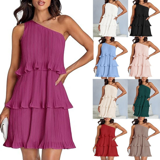 Shoulder Layered Stitching Hem Dress For Women's