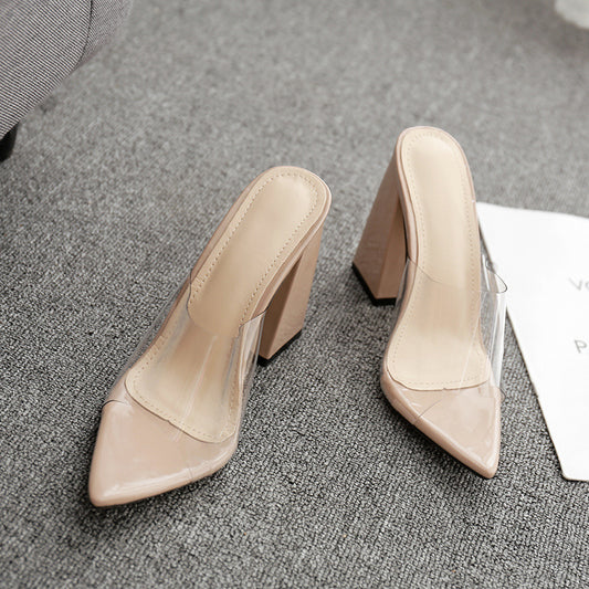 Chic Pointed Toe PVC Block Heels | Versatile Dress Shoes Transparent Film Pointed Thick Heel Slippers