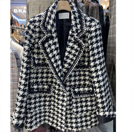 Elegant Black & White Checkered Blazer Coat Women's French Loose Woven Tweed Top
