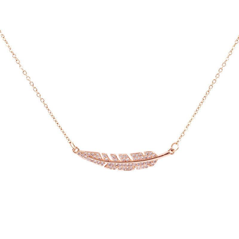 Rose Gold Feather Pendant Necklace with Pave Crystals European And American Fashion Accessories Feather Necklace