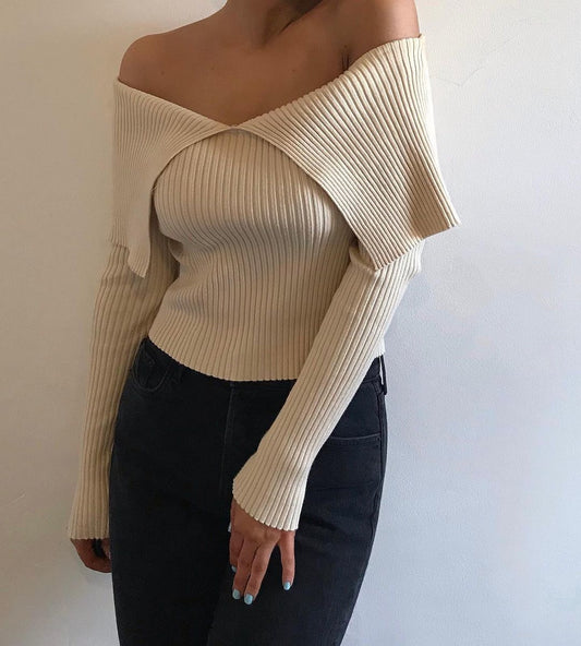 Large Lapel Off-shoulder Knitted Crop Top For Women's