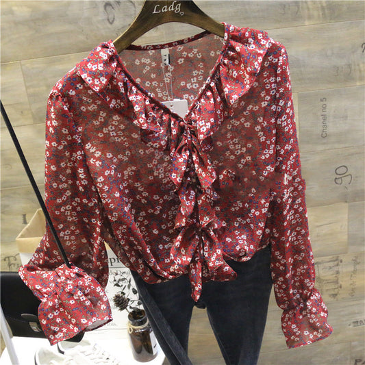 Vintage Floral Ruffle Blouse – Sheer Long Sleeve Button-Up Shirt for Women Korean Version of Chic White Ruffled Chiffon Top