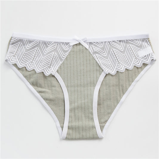 Lace & Ribbed Cotton Briefs - Comfortable Everyday Panties Low Waist Girlie Lace Panty Breathable Pink