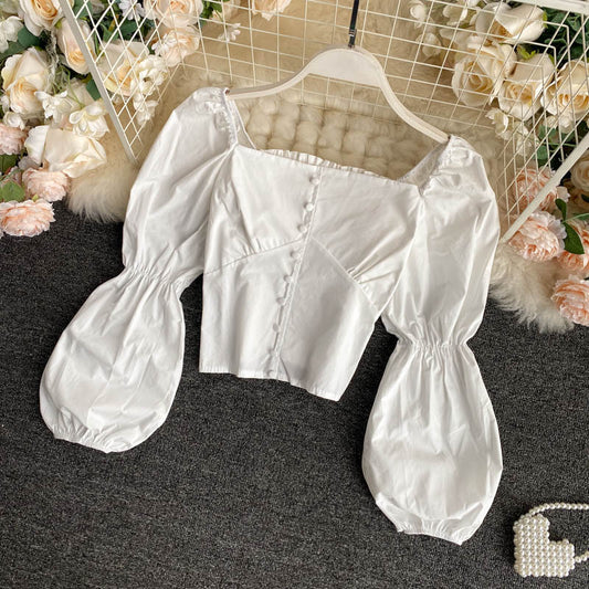 French Square Collar Single-breasted Buttoned Shirt with Clavicle
