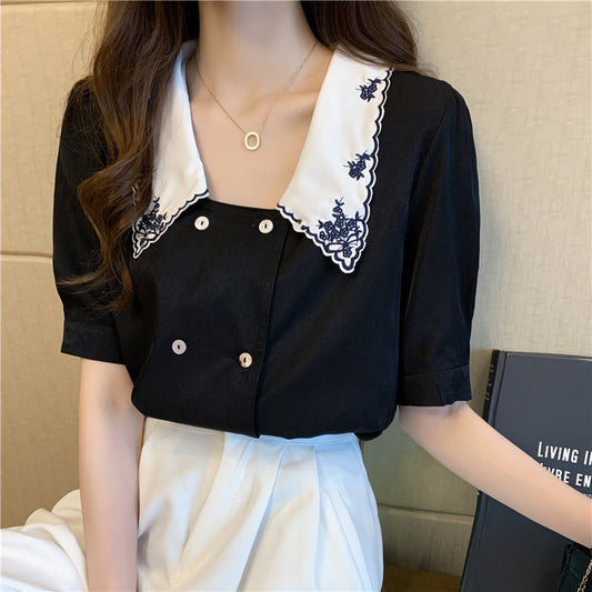 Embroidered Sailor Collar Blouse - Short Sleeve Korean Fashion Design French Puff Sleeve Korean French Top